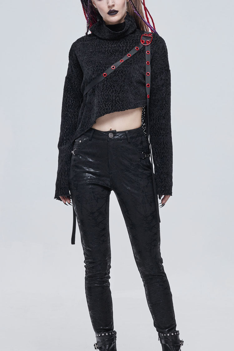 Black Texture Grainy Turtleneck Metal Buckle Through With Grommet Decoration Irregular Women's Punk Sweater