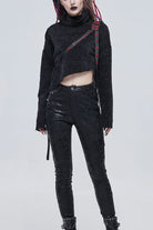 Black Texture Grainy Turtleneck Metal Buckle Through With Grommet Decoration Irregular Women's Punk Sweater