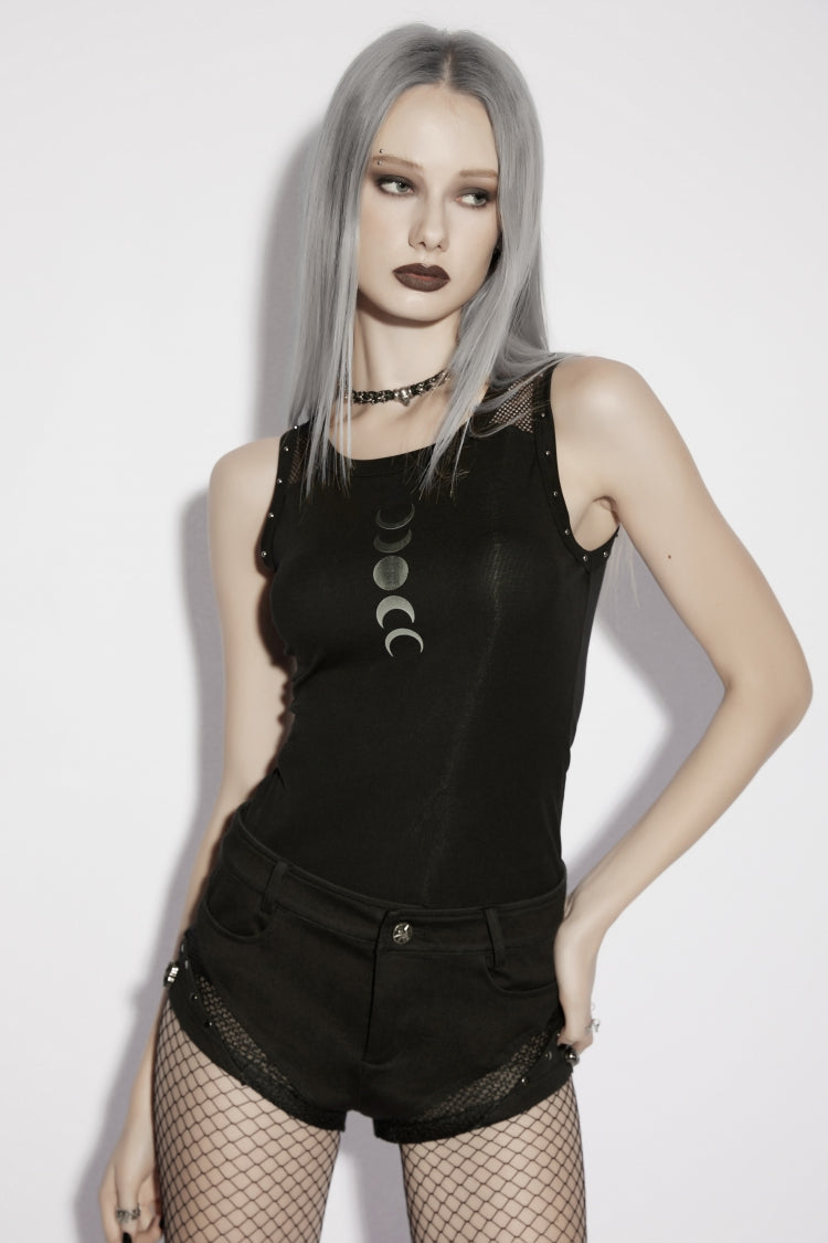 Black Moon Phase Printed Spliced Slim Mesh Eyelet Women's Gothic Vest