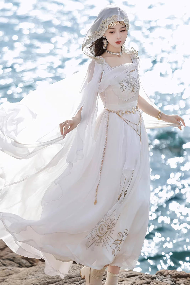 White [Aurelia of the Holy Light] Square Collar Printed Embroidered Chain-Decorated Sweet Elegant Lolita Dress