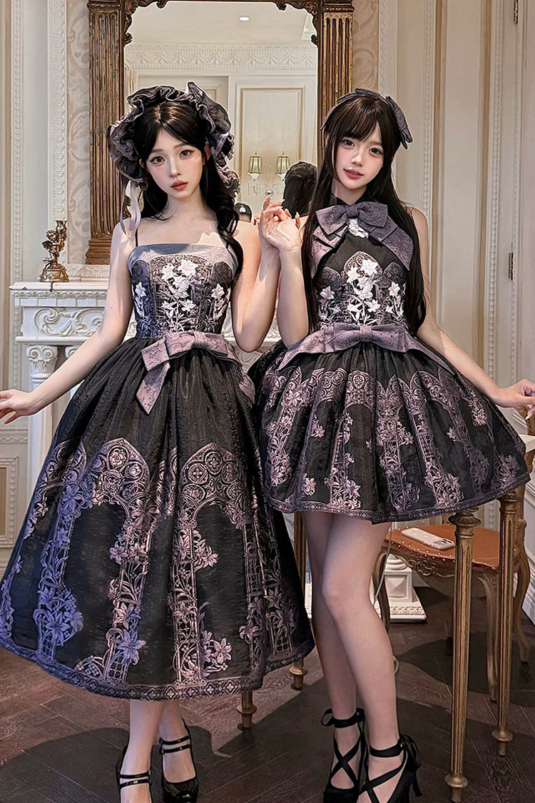 [Stained Glass Dream] Square Collar Sleeveless Printed Embroidered Bow Gothic Lolita Jsk Dress 2 Colors(Black/Purple, White/Purple)
