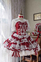 Red [Small Cakes] Sleeveless Multi-Layered Ruffle Bowknot Lace Sweet Lolita Jsk Dress