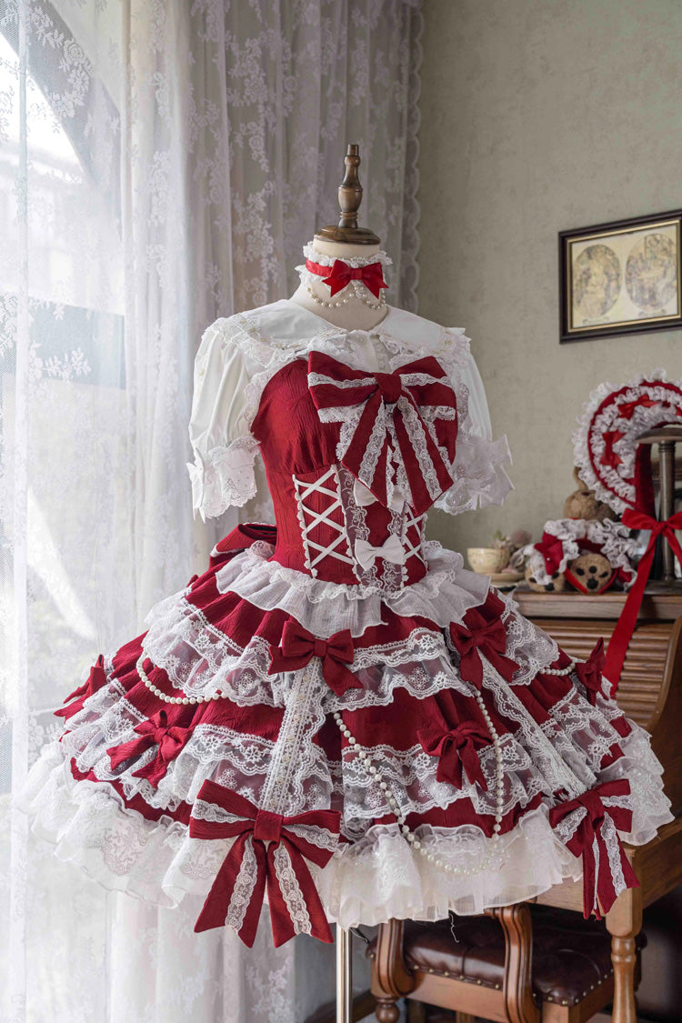Red [Small Cakes] Sleeveless Multi-Layered Ruffle Bowknot Lace Sweet Lolita Jsk Dress