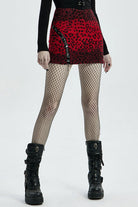 Red Leopard Print Leather Strap Decoration Women's Steampunk Mini Skirt