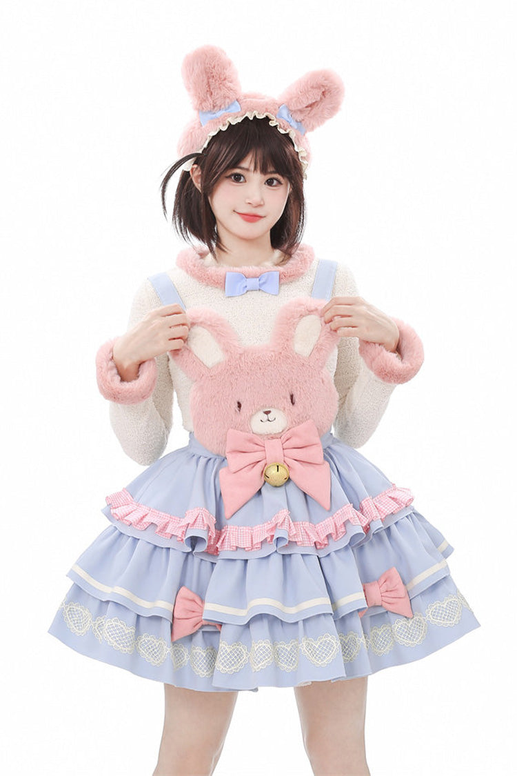 [Bunny Transformation] Detachable Bunny Cake Sleeveless Triple-Layered Ruffled Bow Sweet Strap Dress 2 Colors
