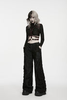 Black Patchwork Ripped Pleated Women's Punk Wide Leg Pants