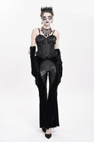 Black Ruffled Spliced Women's Gothic Floral Faux Leather&Velvet Ruffle Pants