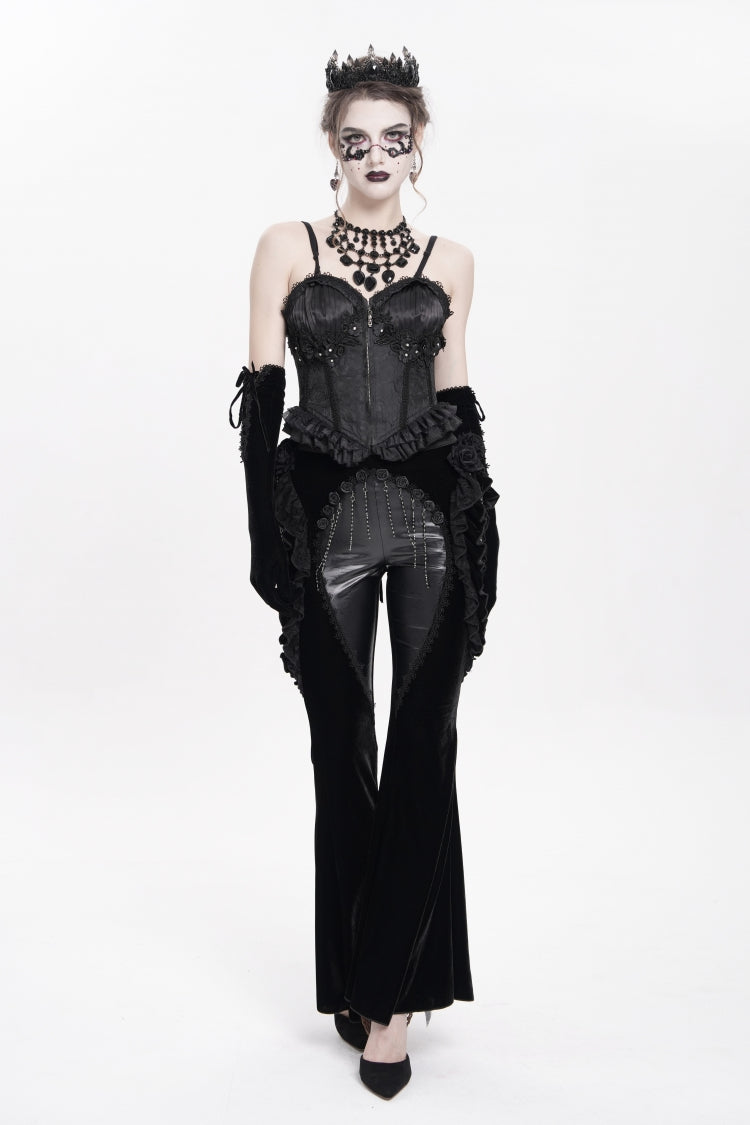 Black Ruffled Spliced Women's Gothic Floral Faux Leather&Velvet Ruffle Pants