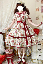 [Bear's Strawberry Garden] Lapel Collar Short Sleeves Print Bowknot Sweet Lolita Dress 4 Colors