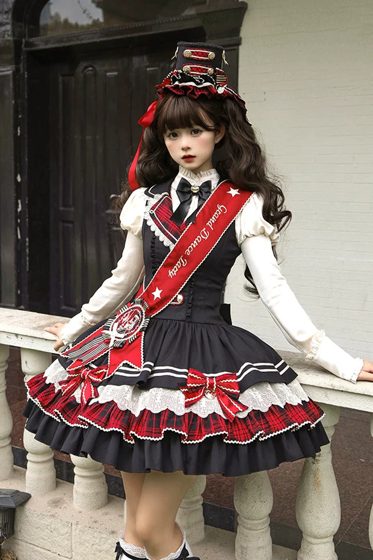Black [Honor Guard Gala] V Collar Multi-Layered Printed Ruffled Bow Classic Gothic College Style Lolita Jsk Dress
