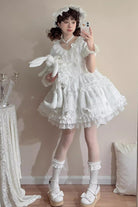 White [Layered Buttercream Frosting] Short Sleeves Ruffle Bowknot Lace Sweet Lolita Dress
