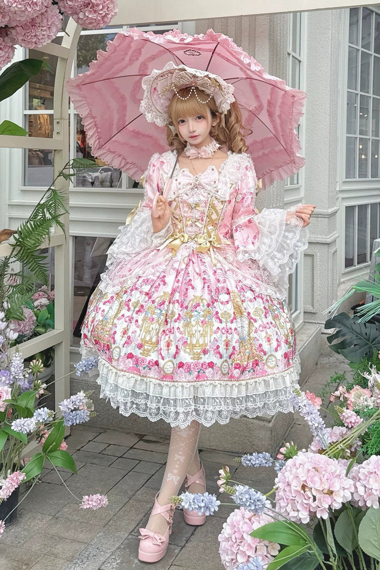 Pink [Rose Garden Prelude] Square Collar Long Trumpet Sleeves Printed Ruffled Bow Lace Lace-Up Sweet Lolita Dress
