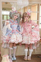 [Bunny Hime] Doll Collar Short Sleeves Multi-Layered Ruffled Bow Sweet Lolita Dress 2 Colors (Blue, Pink)