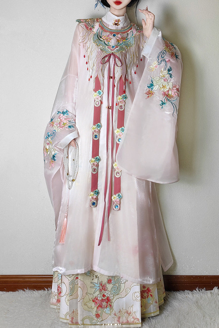 Pink [Fragrant Flower Rain] Round Collar Long Sleeves High Waisted Printed Embroidered Women's Classic Hanfu Dress Set