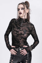 Black Stand Collar Sheer Studded Women's Punk Blouse