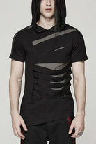 Black Short Sleeves Stitching Hooded Mesh Ripped Mens Steampunk T-Shirt