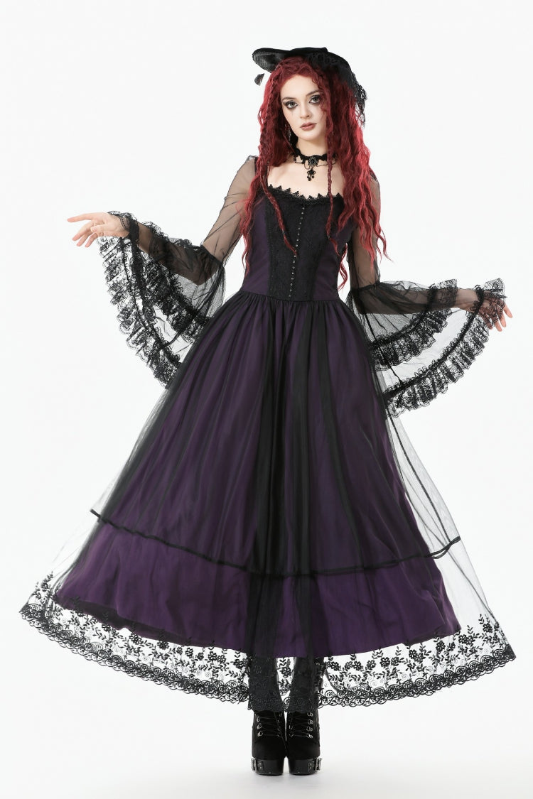 Purple Sheer Lace Square-Cut Collar Double-Layered Long Flared Sleeves  Lace-Up Women's Gothic Maxi Dress