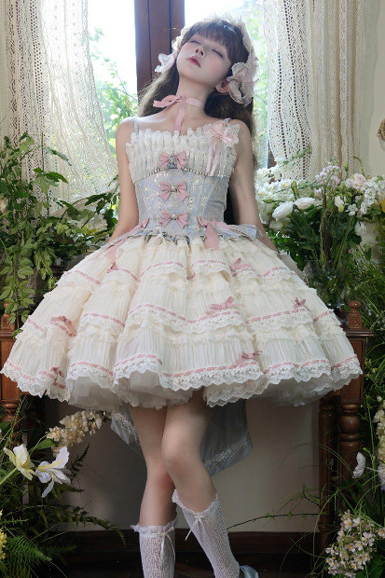 Blue/Apricot [Sea Salt Souffle] Sleeveless Multi-Layered Bowknot Lace Sweet Ballet Lolita Jsk Dress