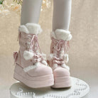 Pink Cute Platform Thick-Soled Bowknot Lace-Up Sweet Lolita Plush Boots