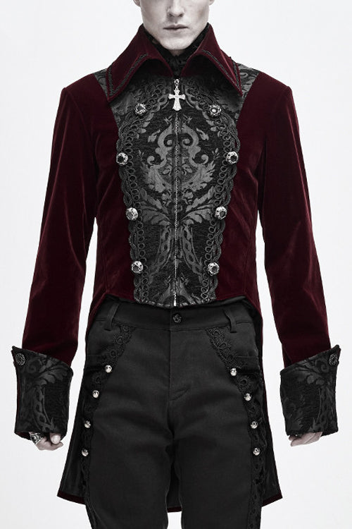 Red Court Pattern Lapel Collar Velvet Mens Gothic Coat