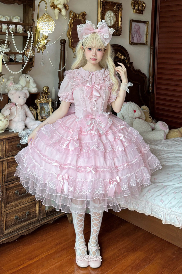 Pink [Lotus Butterfly Heart] Multi-Layered Ruffle Hanayome Bowknot Lace Sweet Lolita Jsk Dress
