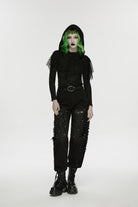 Black Ripped Zippered Eyelet Women's Punk Unedged Decadent Denim Pants