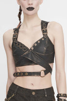 Brown Vintage Hand Wiped Leather Shoulder Loop Backless Lace Up Short Women's Punk Waistcoat