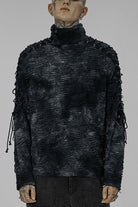 Black/Blue Punk Post Apocalyptic Turtleneck Tattered Tie Dye Print Lace Up Long Sleeve Men's T-Shirt