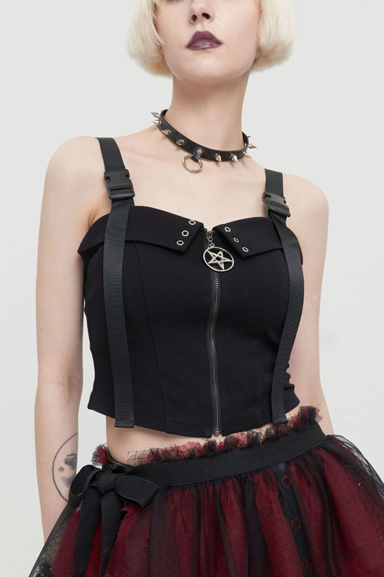 Black Punk Knitted Fabric Adjustable Suspenders Snaps Front Metal Zipper Women's Vest