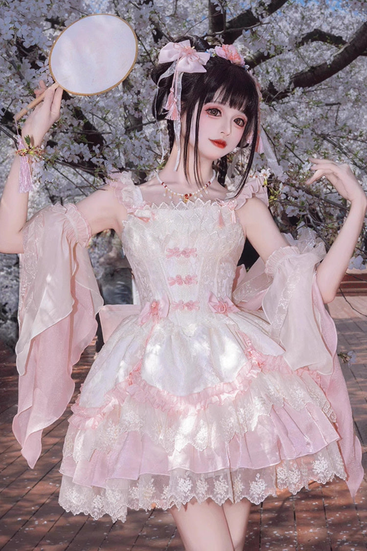 Pink [Lyrics in the Midst of Flowers] Ruffle Embroidery Bowknot Chinese Style Elegant Sweet Lolita Jsk Dress