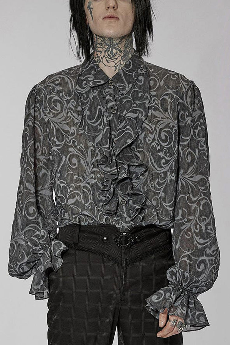Gray Punk Chiffon Ruffle Stand Collar Wide Brimmed Lantern Sleeves Retro Relief Sculpture Embossing Men's Shirt