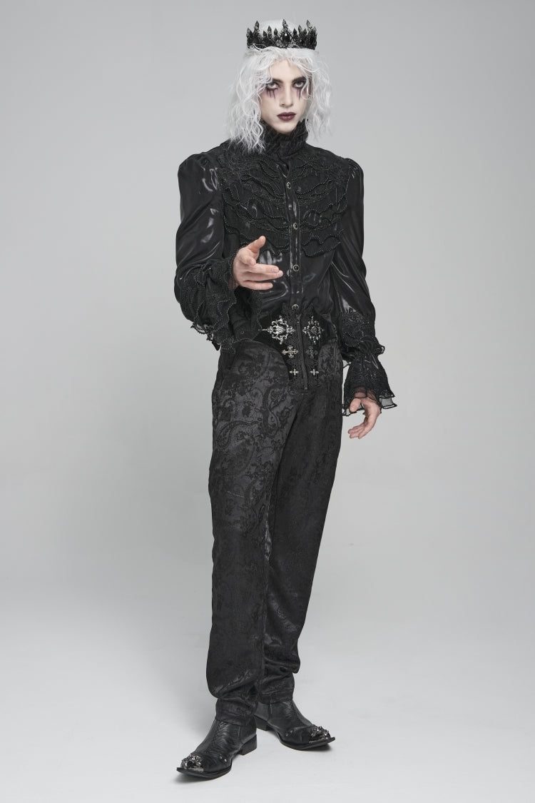 Black Printed Lace-Up Buckled Zippered Men's Gothic Pants