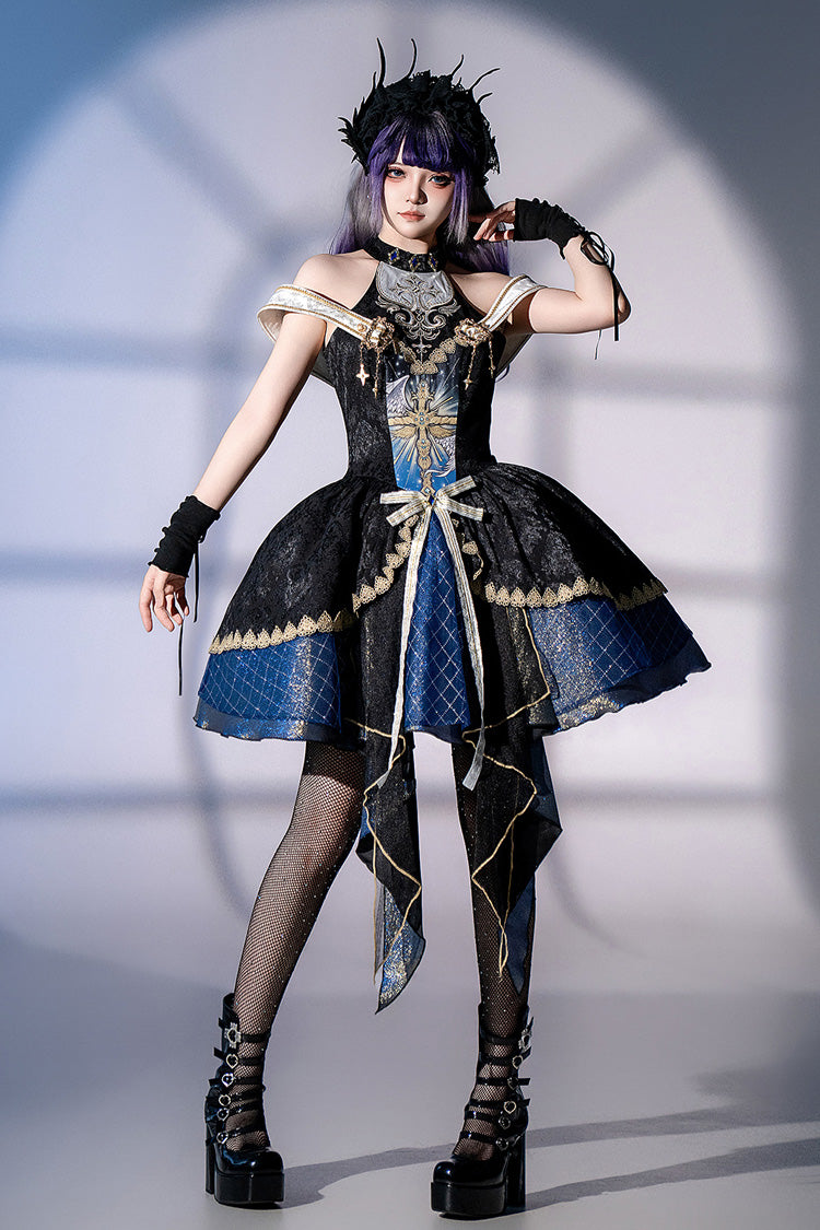 Black/Blue [Universe] Off Shoulder Halterneck Sleeveless Print Embroidery Cardigan Gothic Princess Lolita Dress