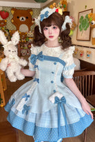 Blue [Glass Bottle] Square Collar Sleeveless Triple-Layered Printed Ruffled Bow Asymmetric Sweet Lolita Jsk Dress