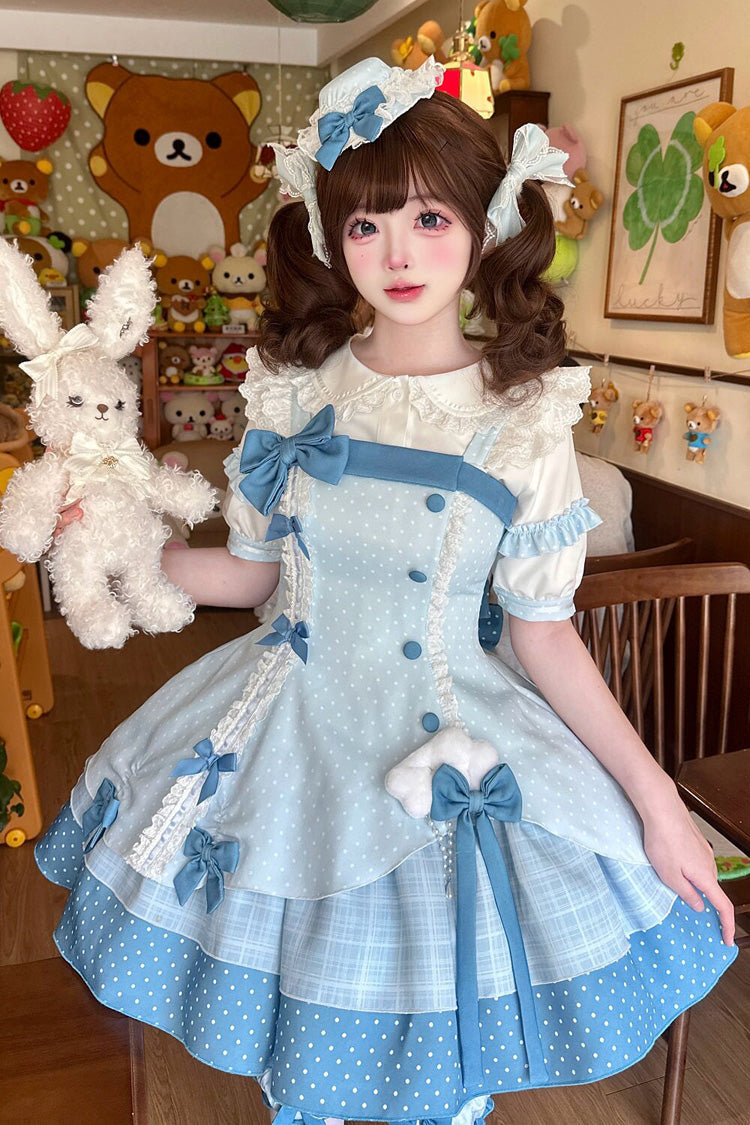 Blue [Glass Bottle] Square Collar Sleeveless Triple-Layered Printed Ruffled Bow Asymmetric Sweet Lolita Jsk Dress