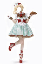 Green [Jenny's Chocolate] Short Sleeves Vertical Stripes Print Ruffle Bowknot Sweet Lolita Dress