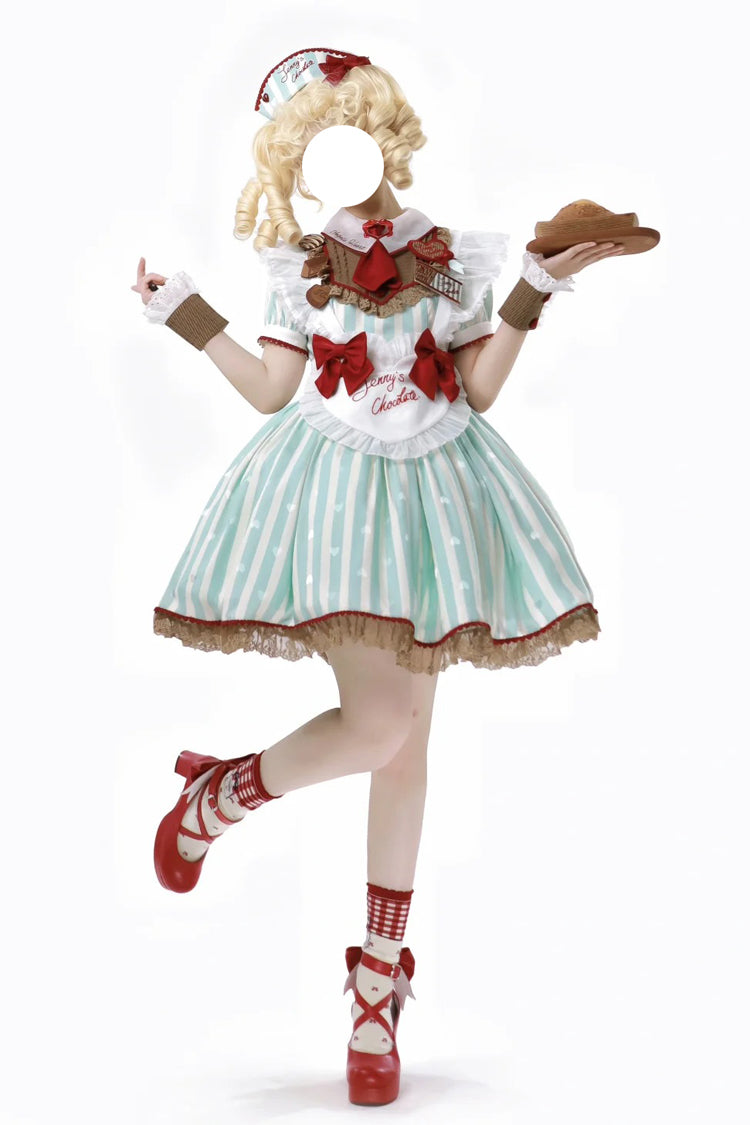 Green [Jenny's Chocolate] Short Sleeves Vertical Stripes Print Ruffle Bowknot Sweet Lolita Dress