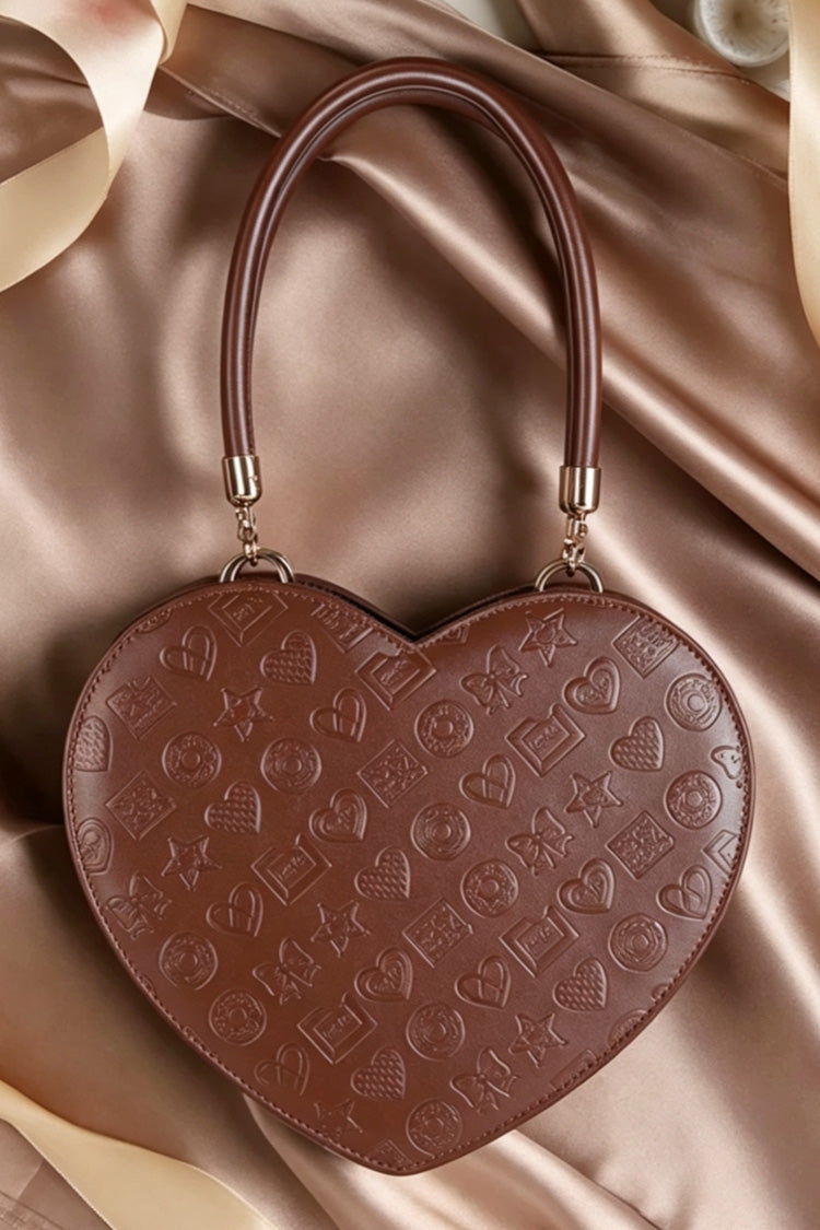 Coffee Heart‑Shaped Embossed Pattern Sweet Lolita Handbag/Crossbody