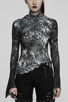 Black /White Punk Pleated Half Turtleneck Irregular Sexy Long Sleeve Lightweight Women's T-Shirt