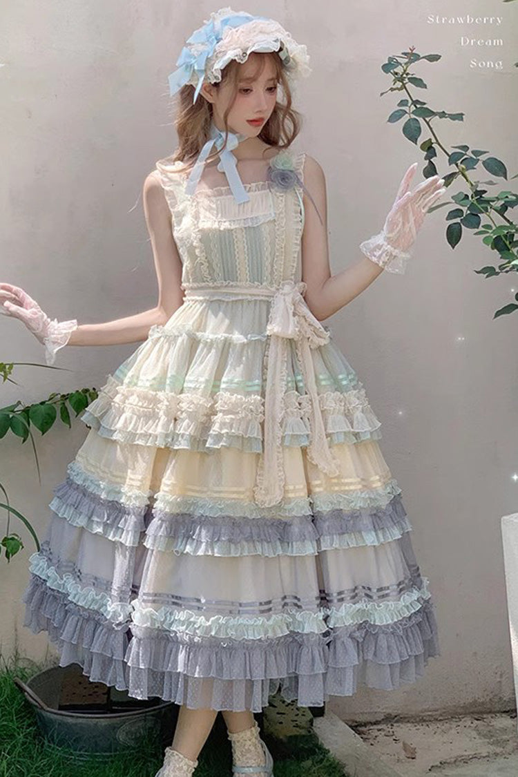 Rainbow Cloud Gradient Triple-Layered Ruffle Bowknot Sweet Lolita Jsk Dress 2 Colors
