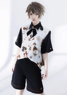 Floral Intoxication - Retro Ouji Lolita Shirt Floral Short Sleeve Shirt and Embroidered Black Shorts