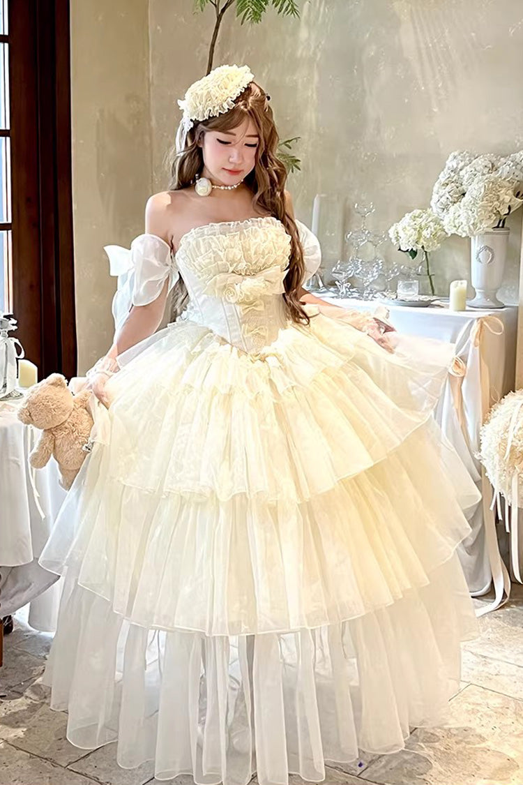 Off White [Mousse Love Song] Sleeveless Multi-Layered Ruffled Hanayome Bow Sweet Lolita Dress