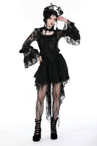 Black Multi-Layered Long Trumpet Sleeves Lace Lace-Up Women's Gothic Top