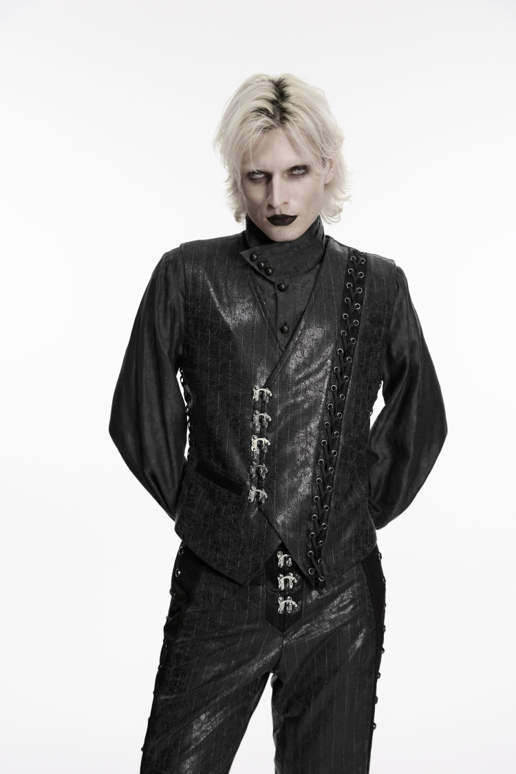 Black V Collar Lace-Up Slim Asymmetric Buckled Men's Punk Vest