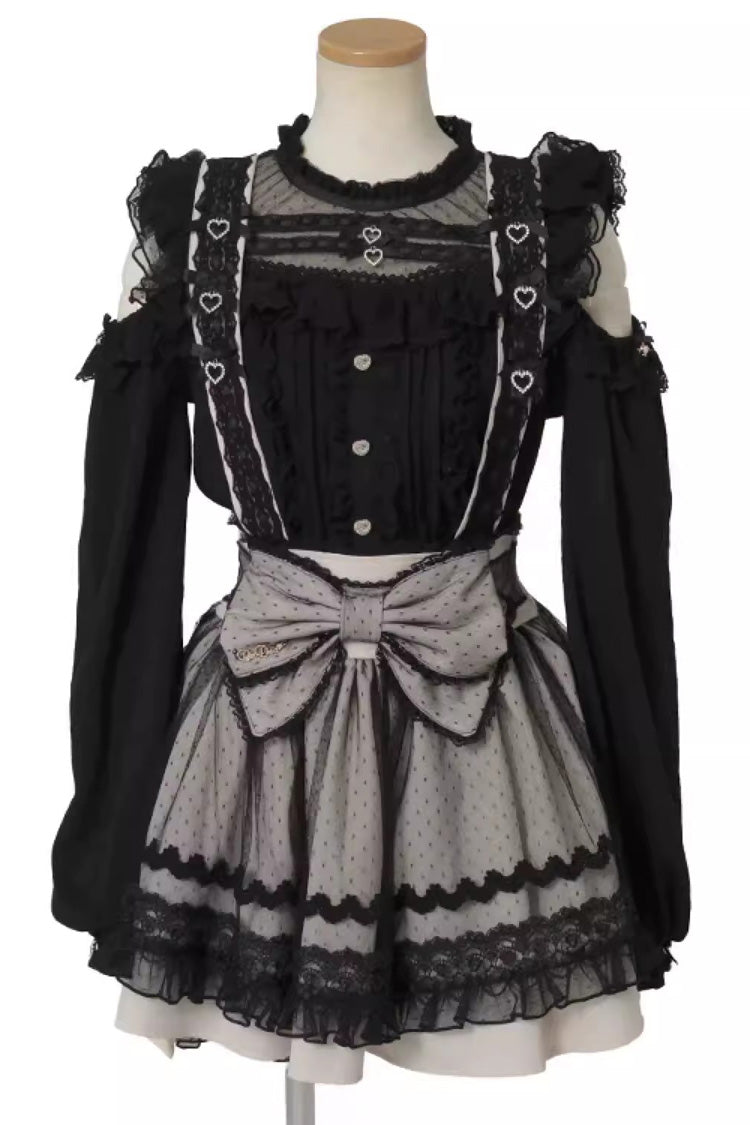 Sweet Sheer Overlay Maid Ruffled Bow Lace-Up Jirai Kei Japanese Suspender Skirt 3 Colors