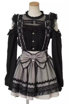 Sweet Sheer Overlay Maid Ruffled Bow Lace-Up Jirai Kei Japanese Suspender Skirt 3 Colors