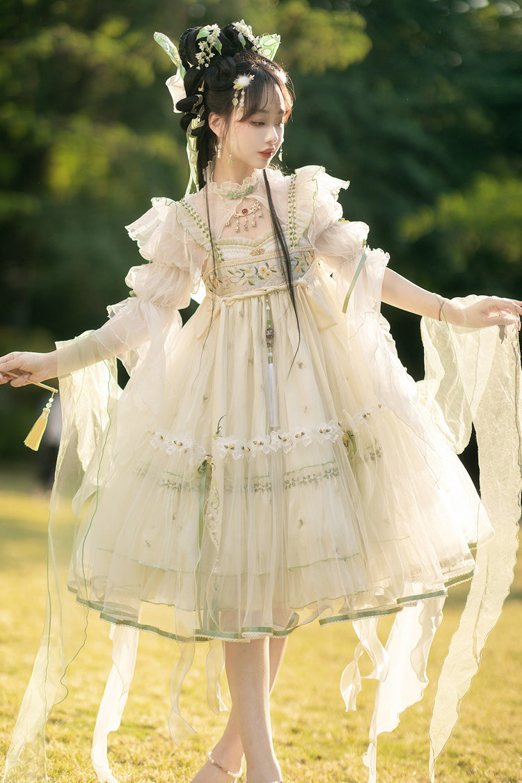 Ivory [Luo Ling Fu] Ruffle Embroidery Bowknot Lace Sweet Chinese Style Lolita Jsk Dress