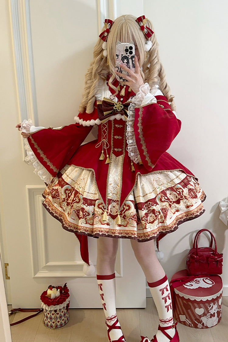 Red [New Year] Print Ruffle Bowknot Lace-Up Sweet Chinese Style Lolita Jsk Dress