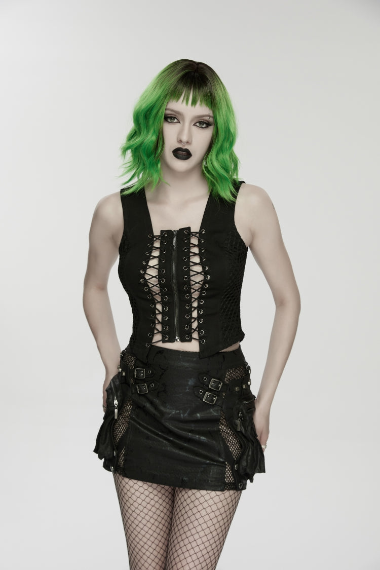 Black Off Shoulder Sleeveless Cut-Out Lace-Up Irregular Women's Punk Cool Vest