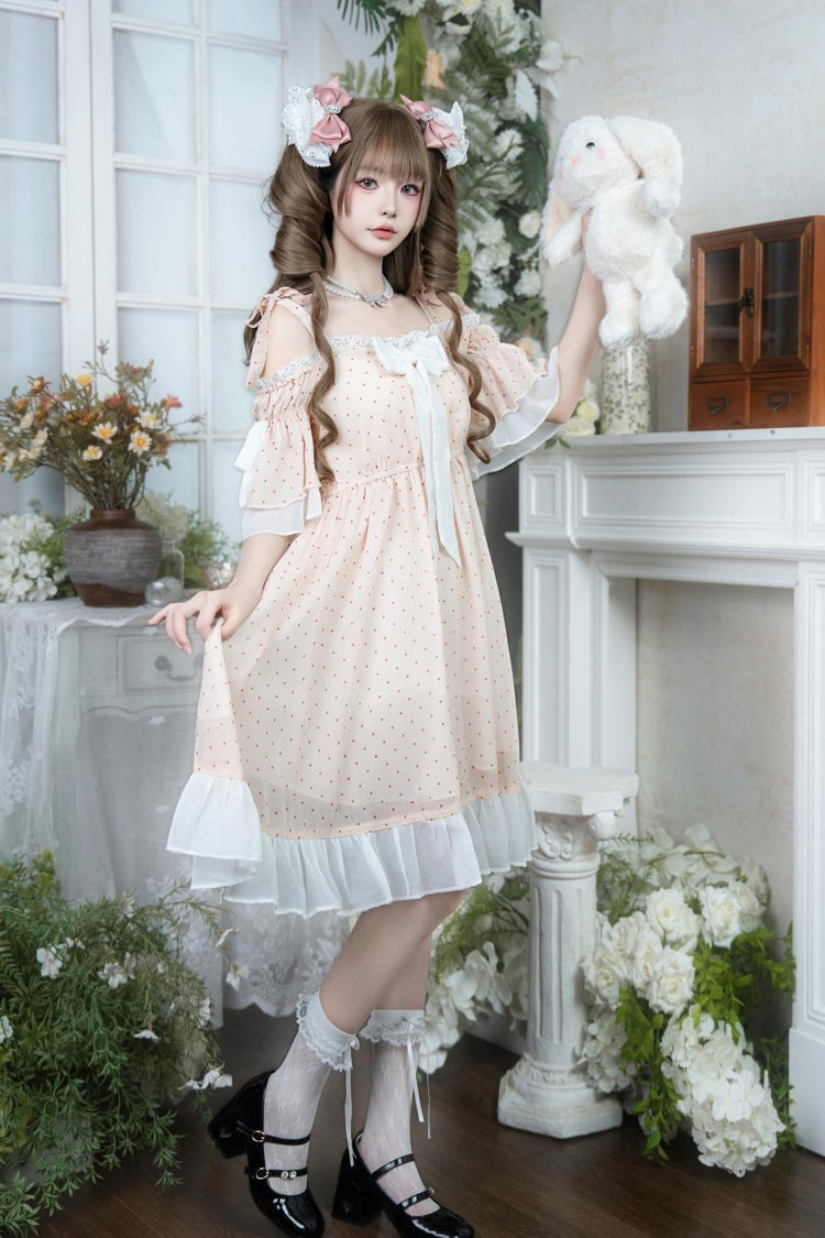 Pink Off Shoulder Short Sleeves Polka Dots Printed Ruffled Bow Lace Sweet Elegant Palace Lolita Dress